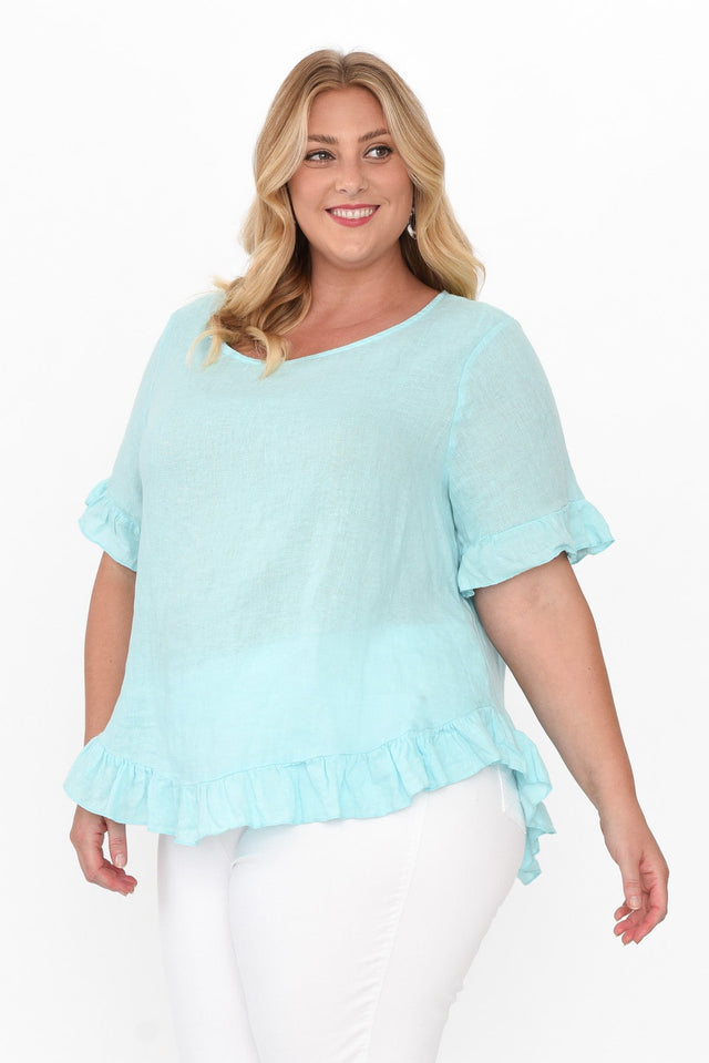 Genevieve Blue Linen Frill Top