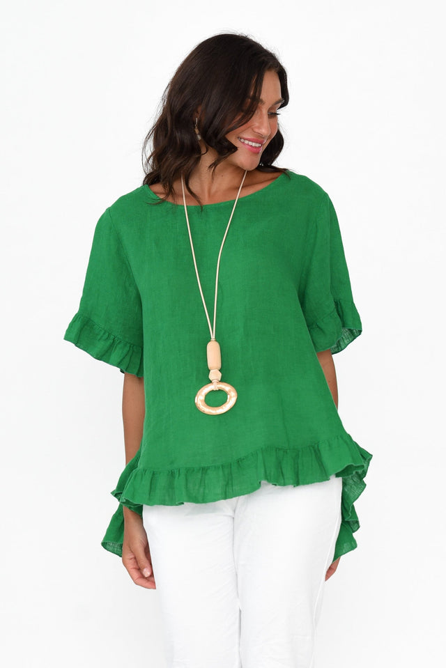 Genevieve Green Linen Frill Top neckline_Round  alt text|model:Brontie;wearing:S/M