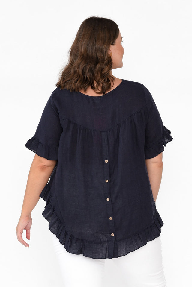 Genevieve Navy Linen Frill Top