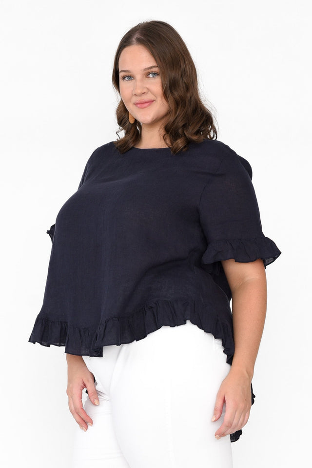 Genevieve Navy Linen Frill Top image 9