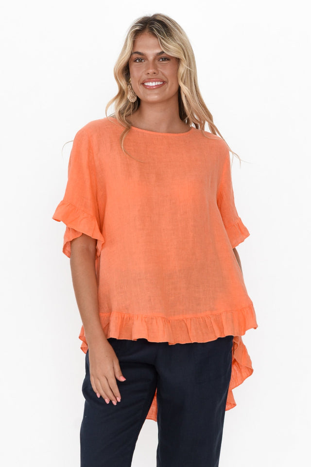 Genevieve Orange Linen Frill Top neckline_Round   alt text|model:Imogen