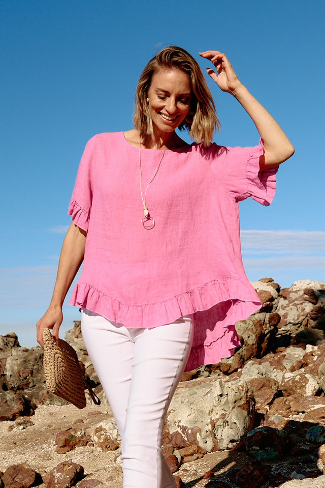 Genevieve Pink Linen Frill Top image 1