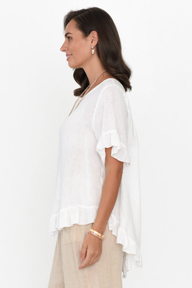 Genevieve White Linen Frill Top