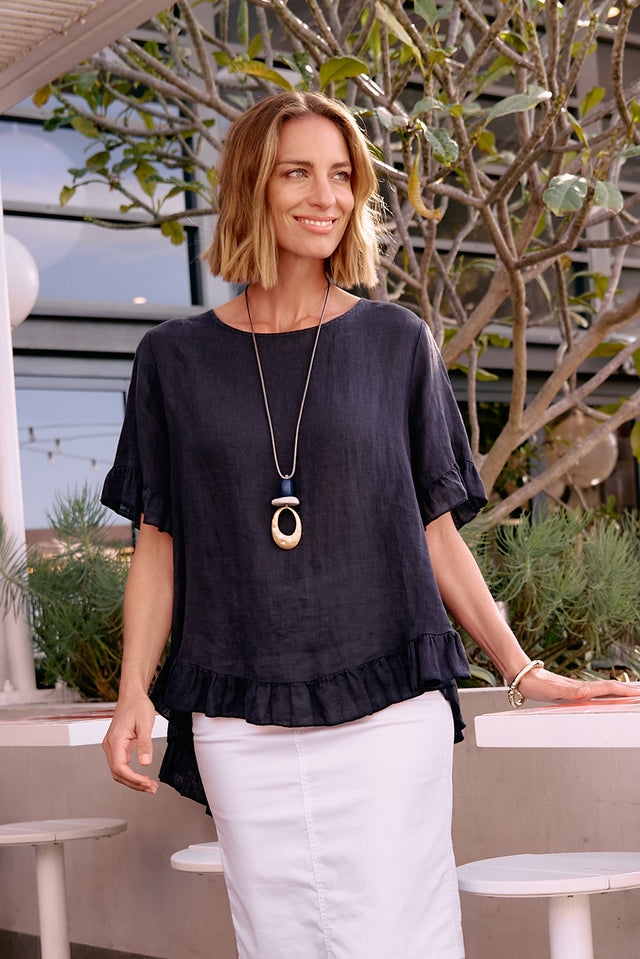 Genevieve Navy Linen Frill Top image 1