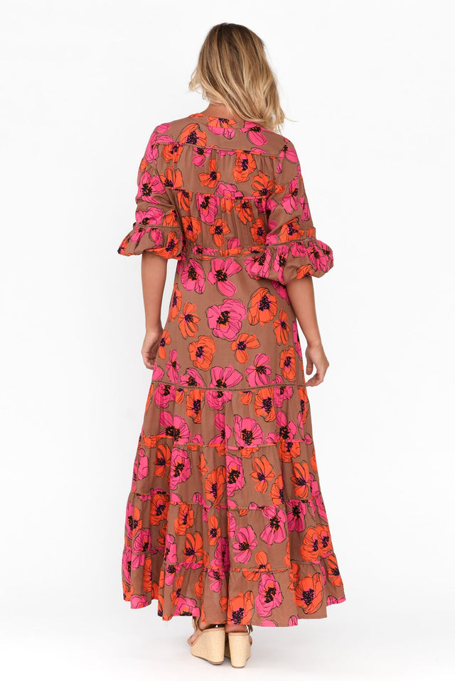 Gilda Brown Floral Cotton Tier Dress