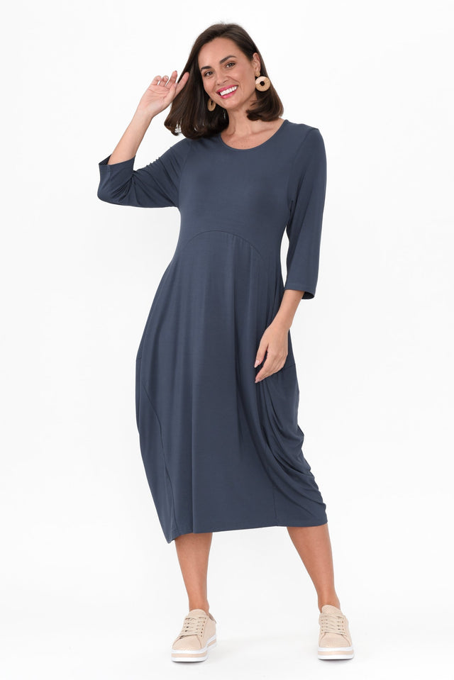 Glenda Blue Crescent Dress hem_Straight length_Midi sleeve_3/4 neckline_Round sleevetype_Straight print_Plain colour_Blue DRESSES    alt text|model:MJ image 1