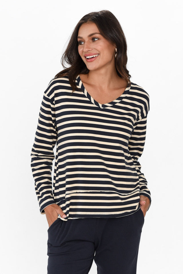 Gloria Nautical Stripe Cotton Long Sleeve Top neckline_V Neck   alt text|model:Brontie