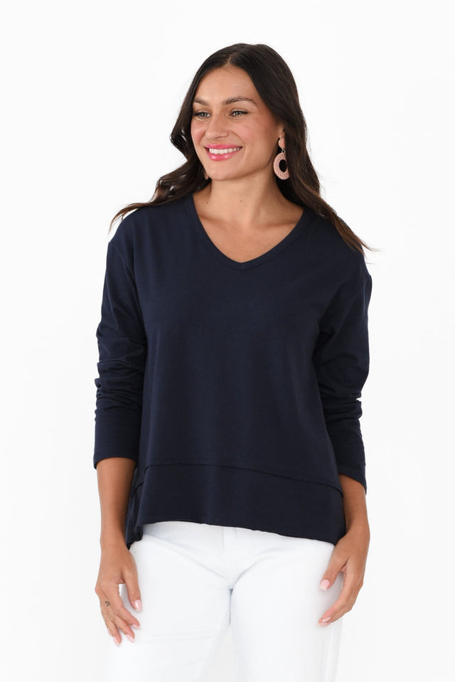 Gloria Navy Cotton Long Sleeve Top