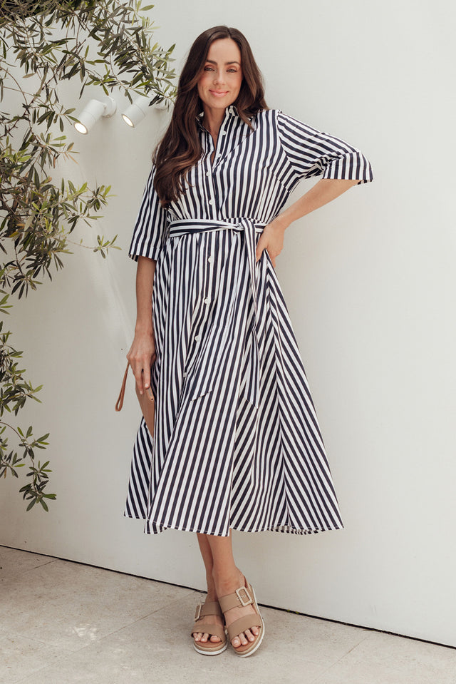 Grace Navy Stripe Cotton Poplin Dress image 1