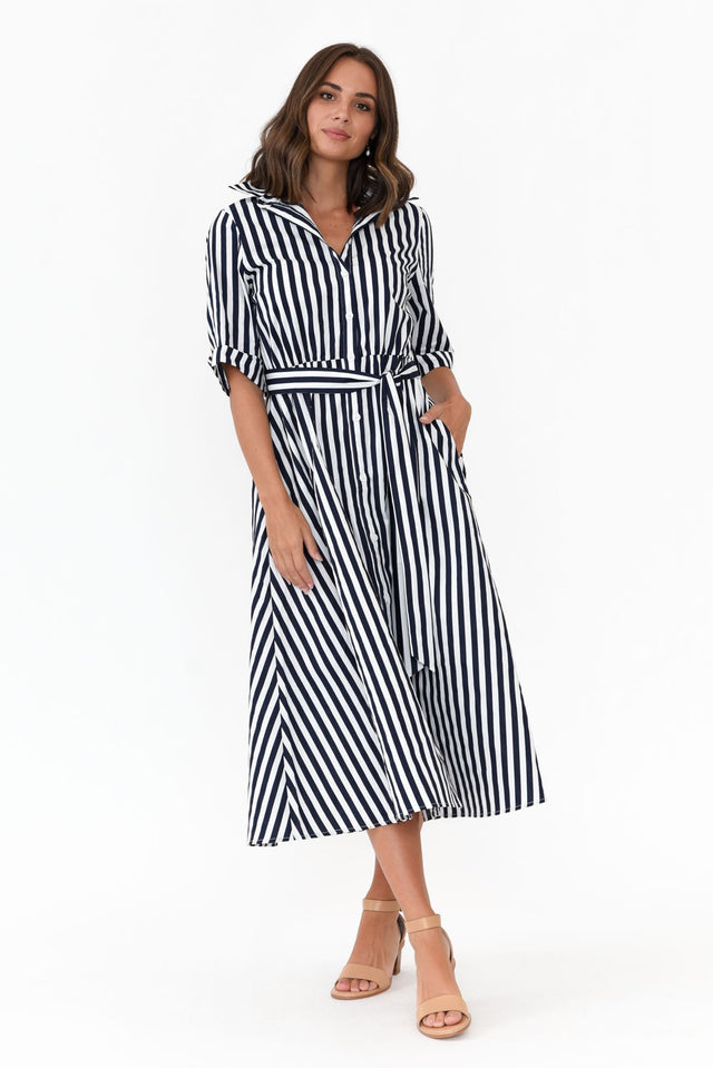 Grace Navy Stripe Cotton Poplin Dress    alt text|model:MJ image 2