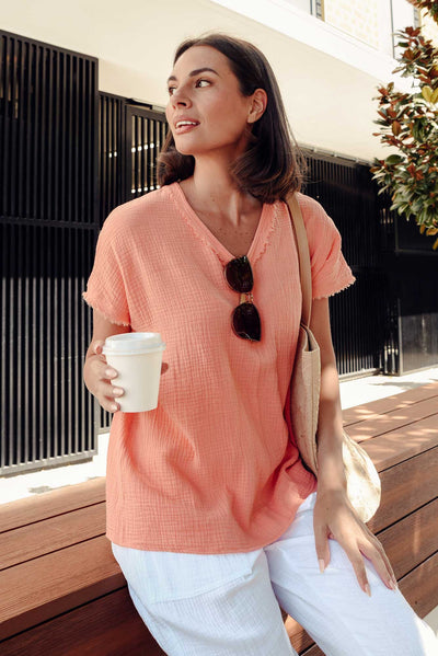 Haltia Apricot Cotton Gauze V Neck Top