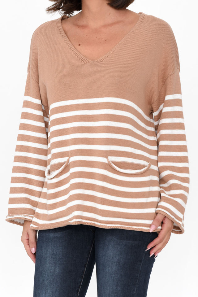 Hayworth Camel Stripe Cotton Pocket Sweater