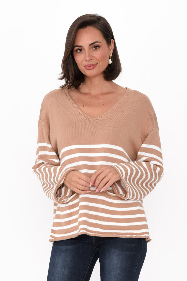 Hayworth Camel Stripe Cotton Pocket Sweater image 1