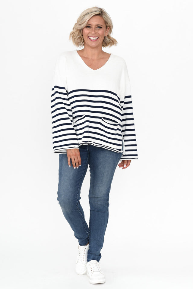 Hayworth Navy Stripe Cotton Pocket Sweater