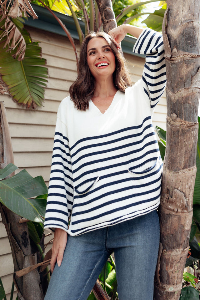 Hayworth Navy Stripe Cotton Pocket Sweater