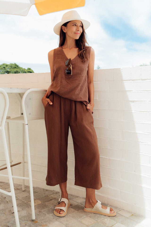 Hobart Mocha Cotton Gauze Cropped Pants