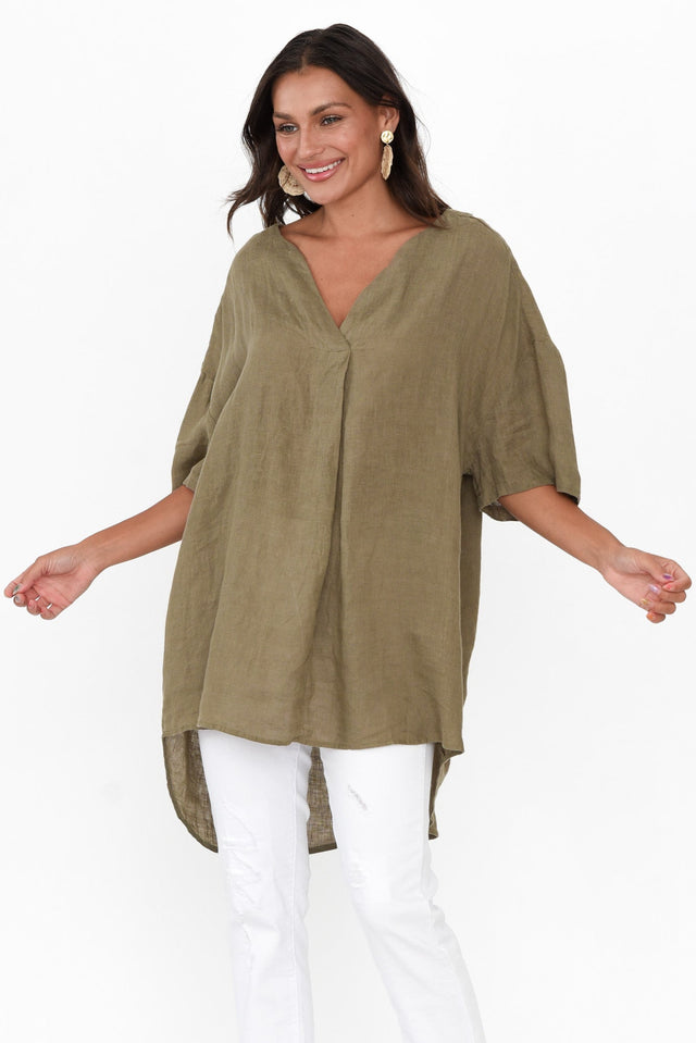 Holland Khaki Linen V Neck Tunic neckline_V Neck   alt text|model:Brontie image 1