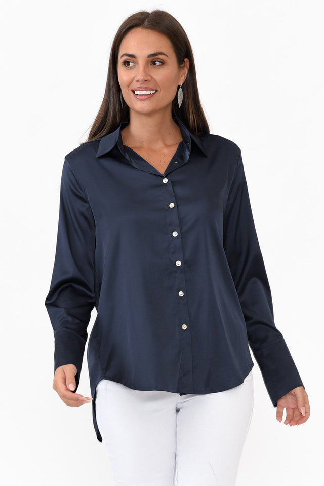 Honor Navy Satin Shirt neckline_V Neck   alt text|model:MJ