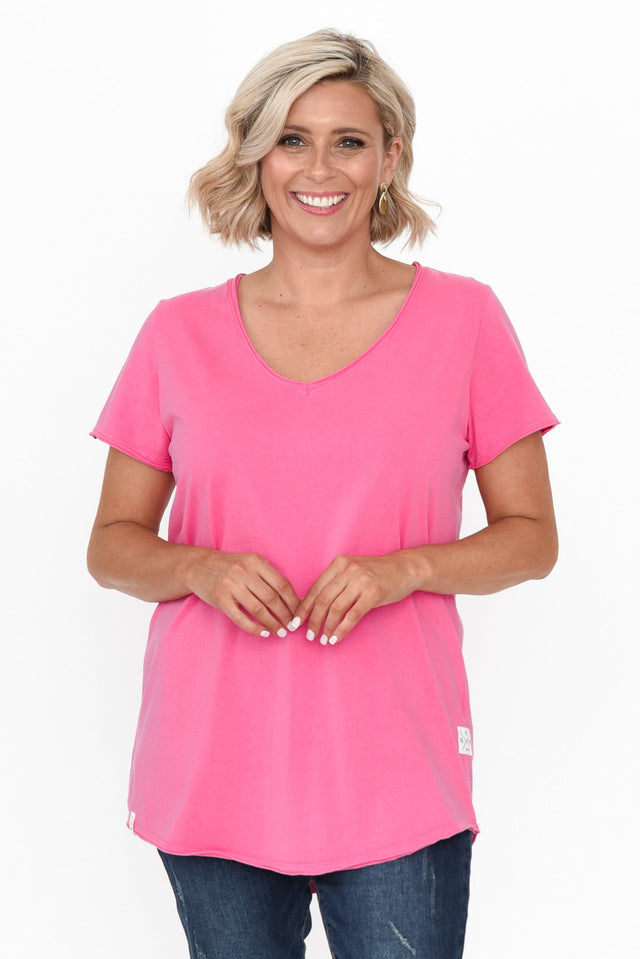 Hot Pink Cotton Fundamental Vee Tee neckline_V Neck  alt text|model:Brooke;wearing:/US 8