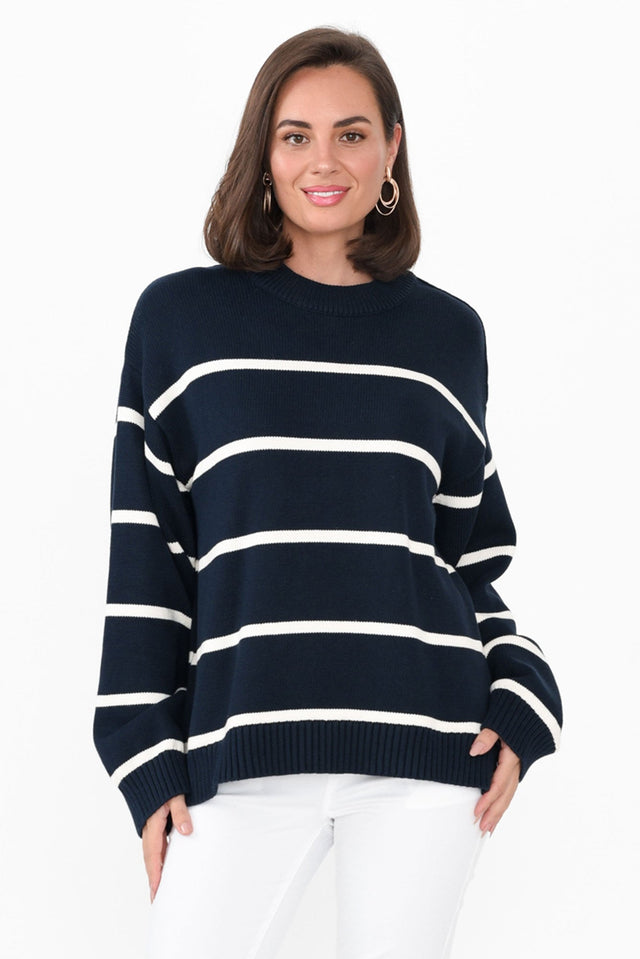 Iris Navy Stripe Cotton Knit Jumper neckline_Round hem_Straight print_Stripe sleeve_Long colour_Navy JUMPERS  alt text|model:MJ;wearing:S image 1