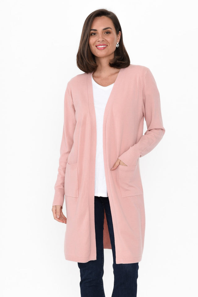 Issa Blush Knit Pocket Cardigan print_Plain length_Long hem_Straight colour_Pink CARDIGANS  alt text|model:MJ;wearing:S/M image 1