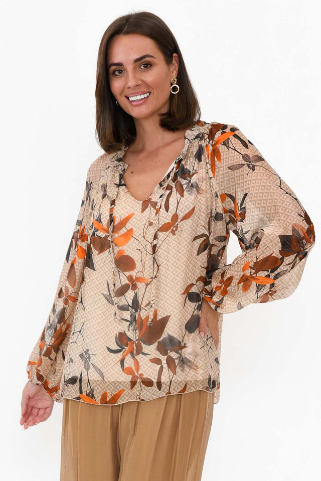 James Rust Leaf Front Tie Silk Top neckline_V Neck  image 2