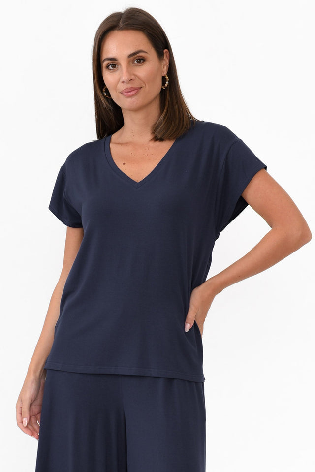 Jenkins Navy Modal Tee neckline_V Neck   alt text|model:MJ image 1