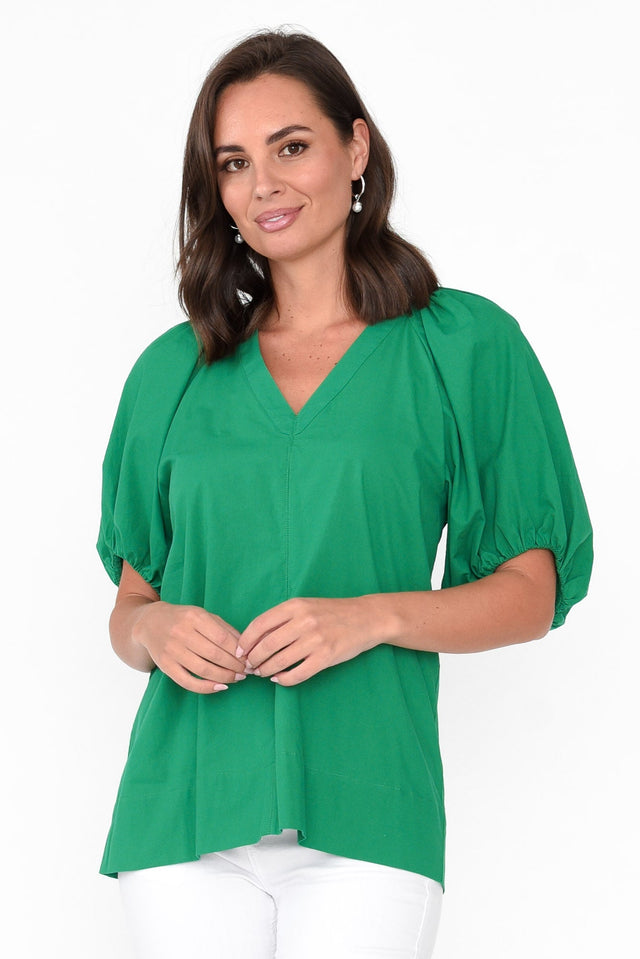 Juliet Green Cotton Blouse Top neckline_V Neck  alt text|model:MJ;wearing:US 4 image 1