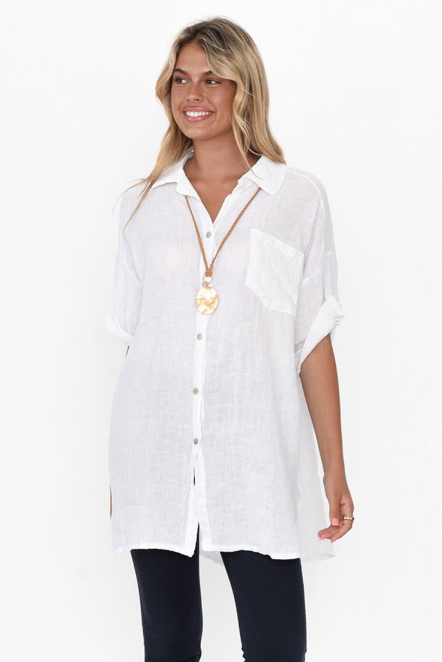 Kakadu White Linen Button Shirt neckline_V Neck  alt text|model:Imogen;wearing:S image 2