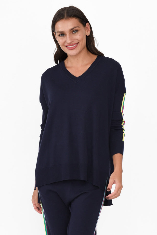 Karina Navy Stripe Knit Jumper neckline_V Neck   alt text|model:Brontie