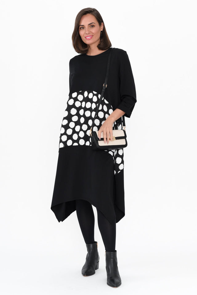 Kassida Black Spot Cotton Blend Dress length_Below Knee sleeve_3/4 neckline_Round sleevetype_Straight print_Spot colour_Black DRESSES   alt text|model:MJ;wearing:S