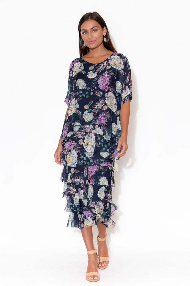 Katerina Navy Floral Silk Overlay Maxi Dress