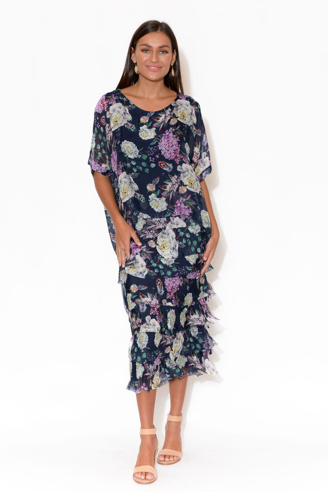 Katerina Navy Floral Silk Overlay Maxi Dress