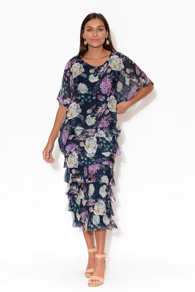 Katerina Navy Floral Silk Overlay Maxi Dress