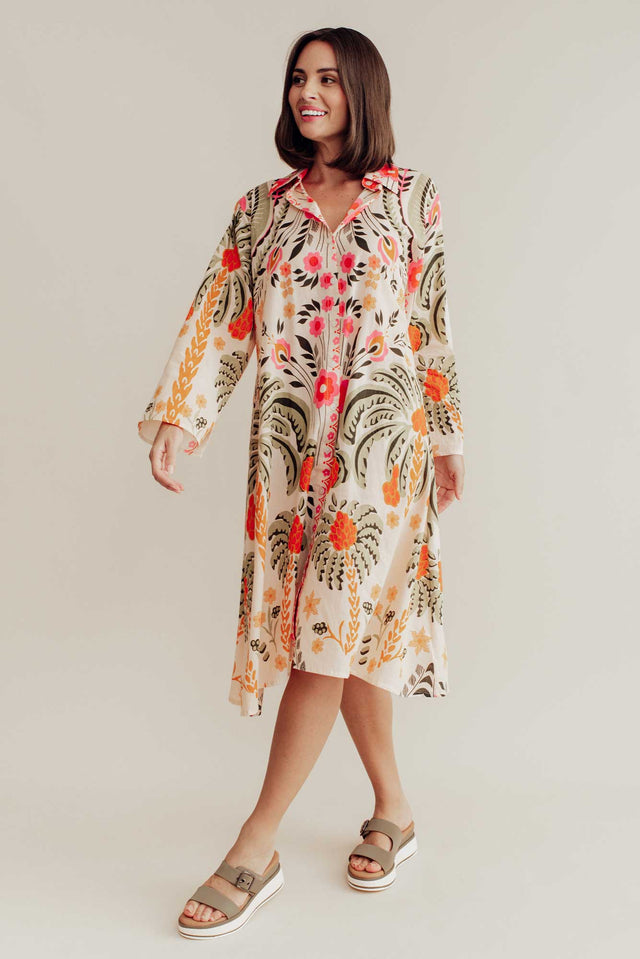 Kaylene Orange Palm Cotton Shirt Dress image 1