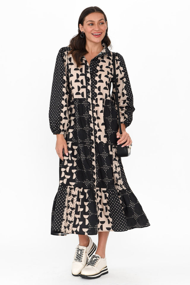 Keelan Black Geo Cotton Dress hem_Straight length_Midi sleeve_Long neckline_V Neck sleevetype_Statement print_Geometric colour_Black DRESSES   alt text|model:Brontie;wearing:S