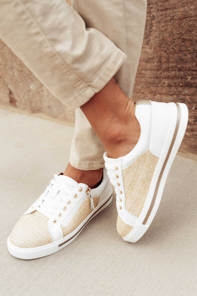 Kiki White Raffia Leather Zip Sneaker