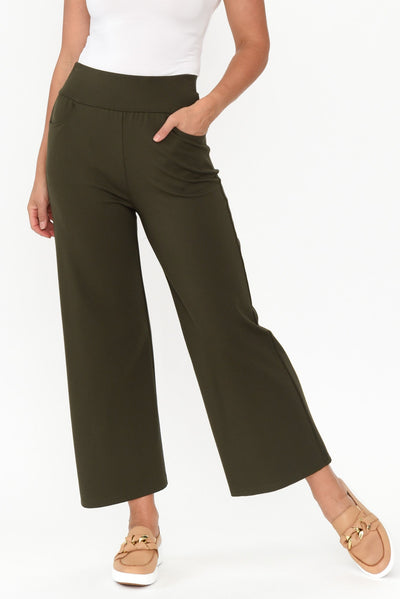 Kimmy Khaki Wide Leg Ponte Pants length_Cropped rise_High print_Plain colour_Khaki PANTS   alt text|model:Valeria;wearing:XS