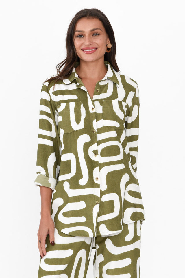 Lacala Khaki Abstract Cotton Corduroy Shirt neckline_V Neck  alt text|model:Brontie;wearing:US 4 image 1