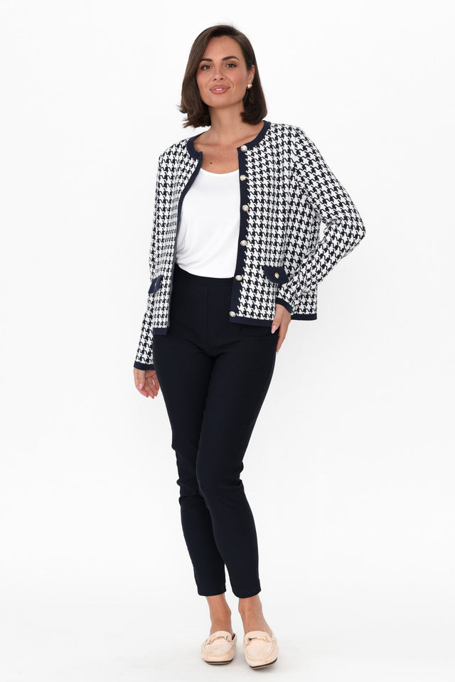 Lady Navy Houndstooth Cotton Blend Cardigan