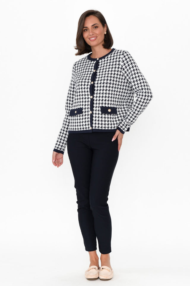 Lady Navy Houndstooth Cotton Blend Cardigan