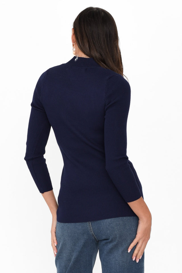 Laurina Navy Cotton Blend Ribbed Top