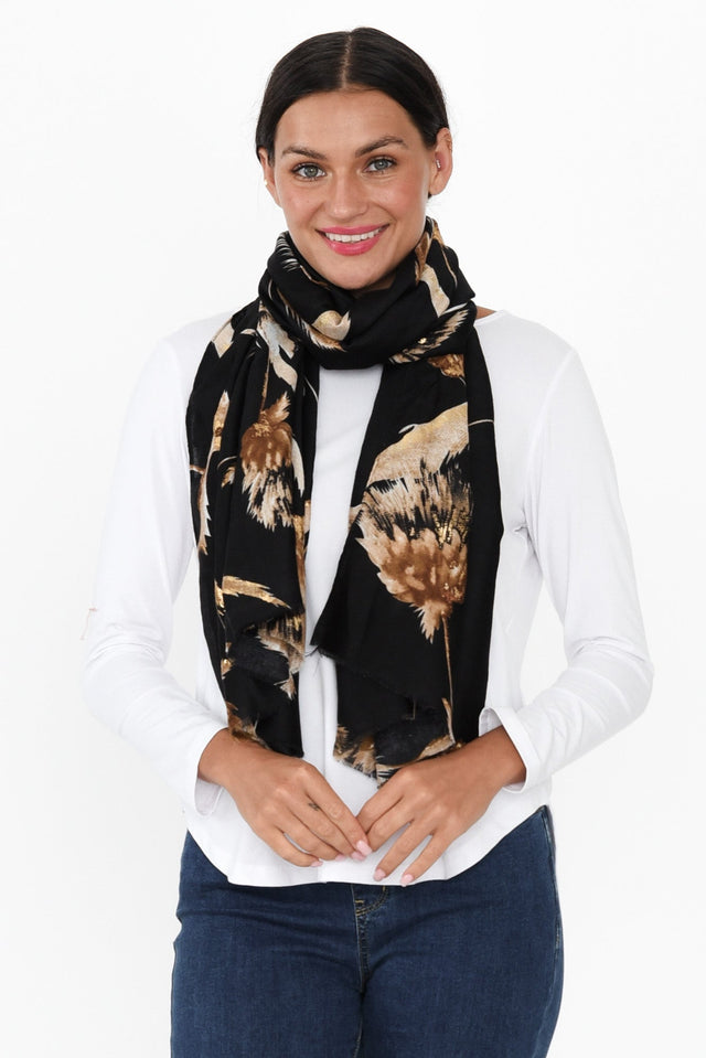 Lelia Black Flower Fringe Scarf