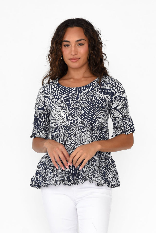Leros Navy Jungle Organic Cotton Top neckline_Round  alt text|model:Demi;wearing:US 4