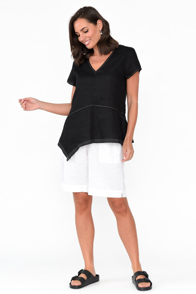 Lindy Black Linen V Neck Top