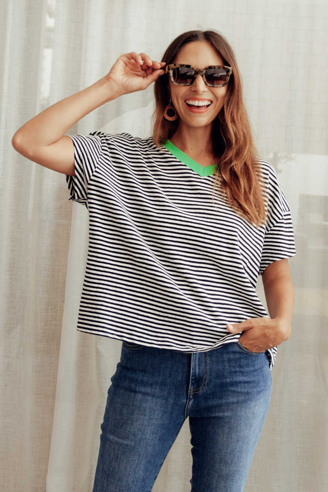 Liv Navy Stripe V Neck Tee