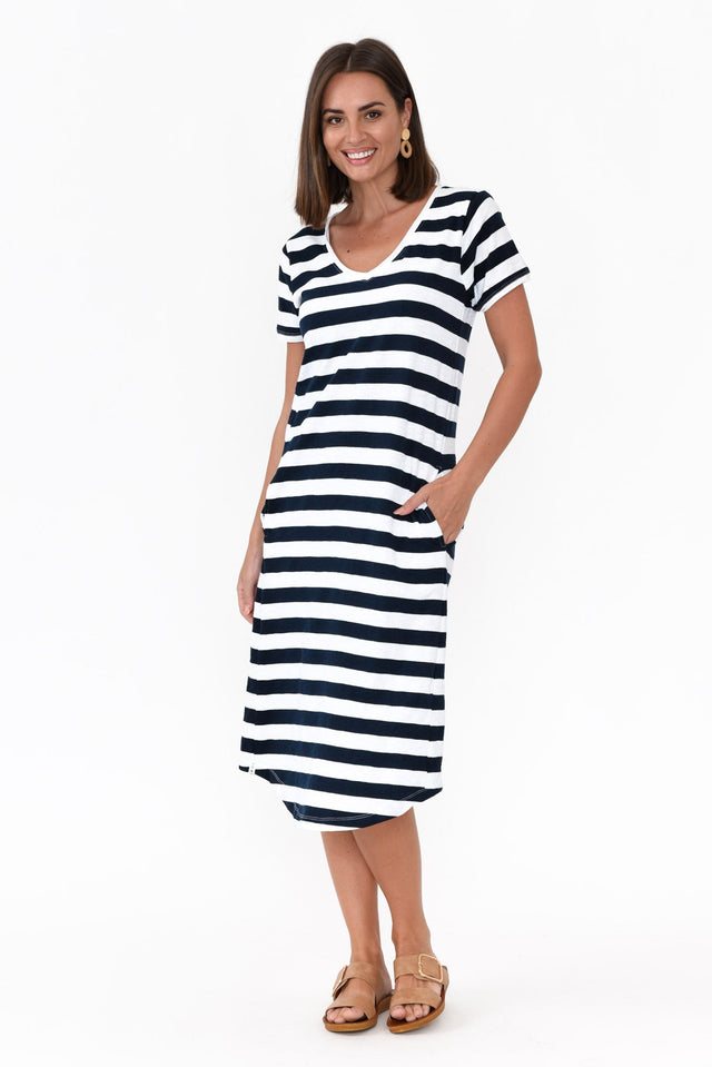 Maeve Navy Stripe Cotton Midi Dress