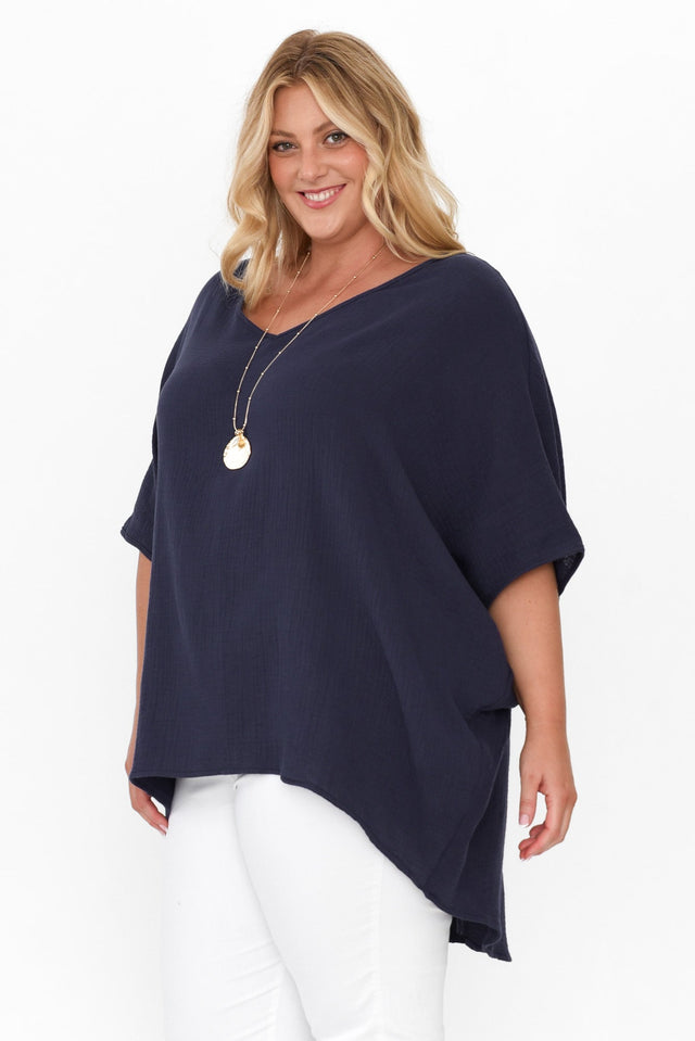 Maida Navy Cotton V Neck Top image 11