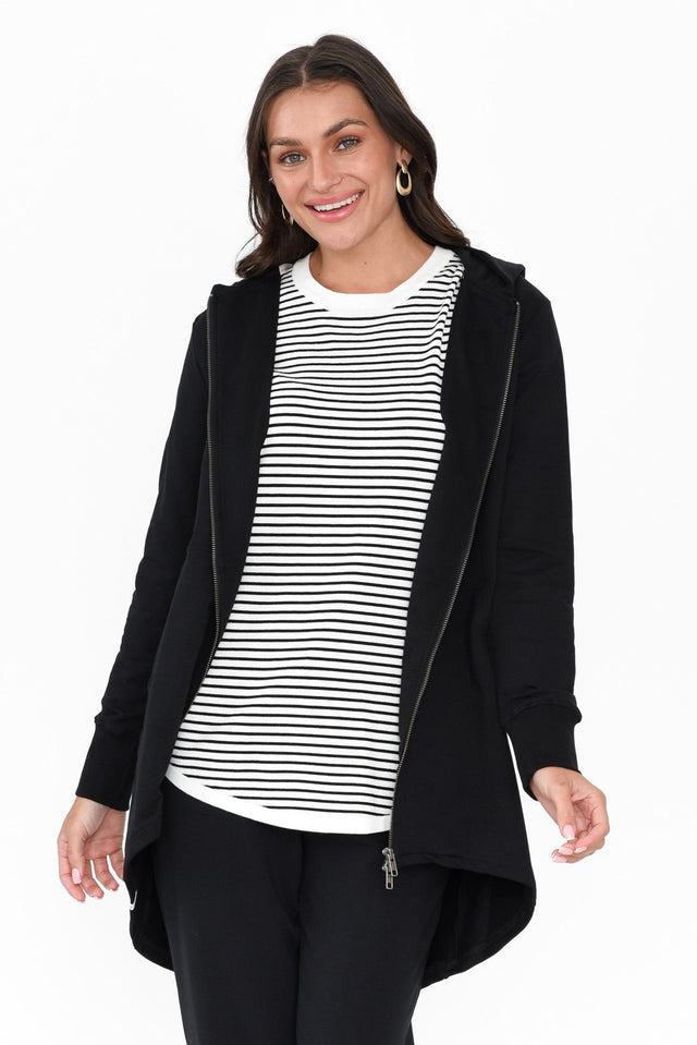 Mara Black Zip Hooded Jacket neckline_Hood neckline_Round hem_Hi Lo print_Plain sleeve_Long colour_Black JUMPERS   alt text|model:Brontie