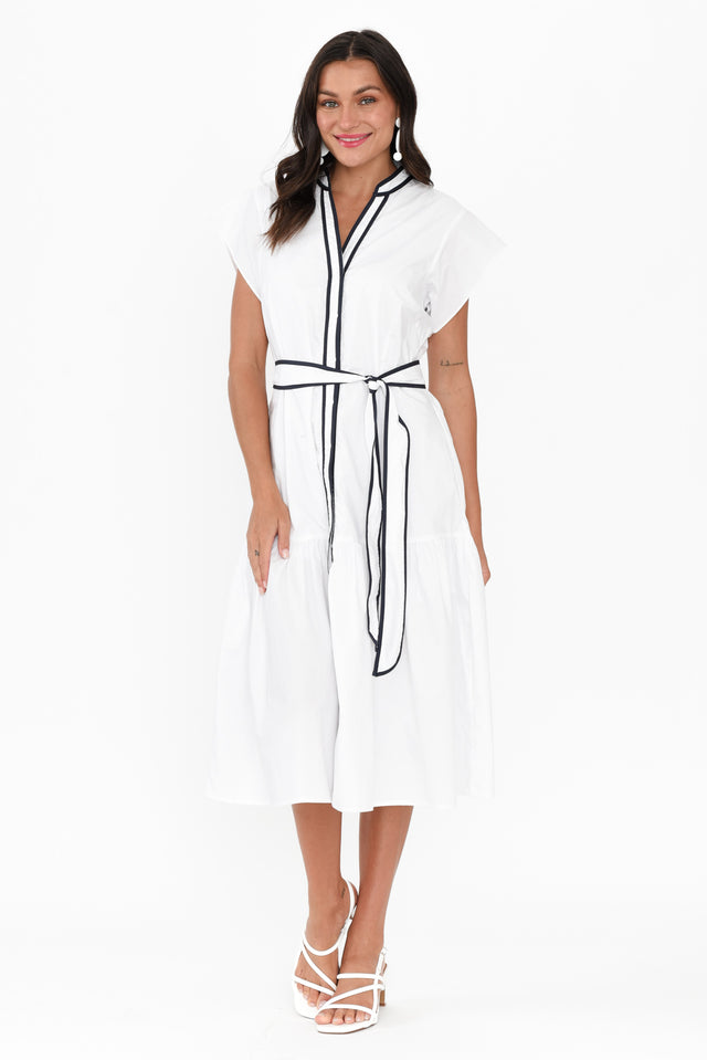 Mari White Contrast Cotton Tie Dress